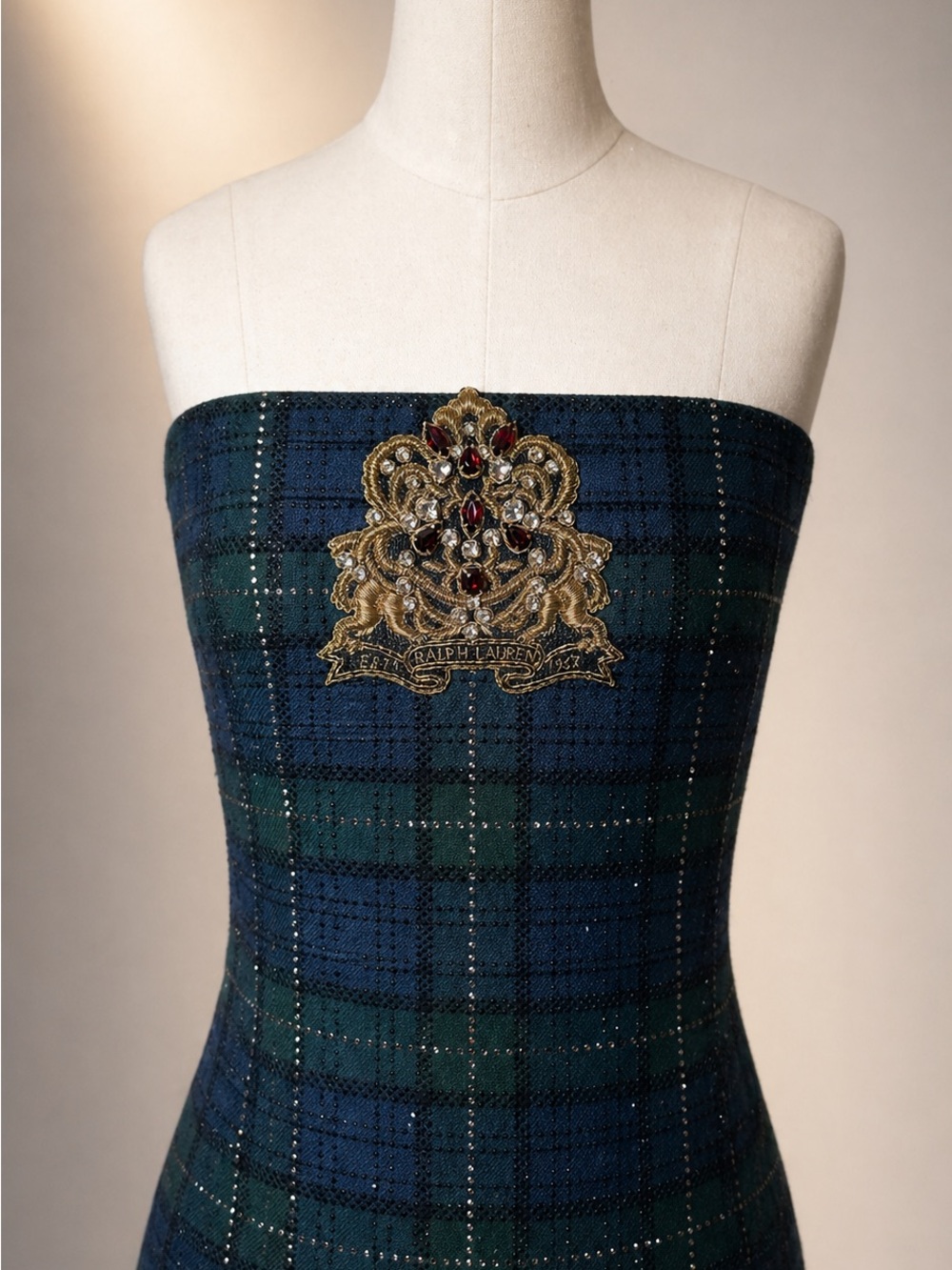 Ralph Lauren Purple Label Strapless Dark Green Plaid Gown with Gold Appliqué - Picture 3 of 5